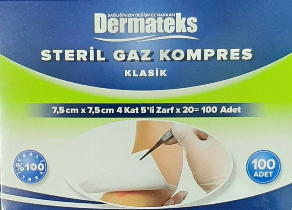Steril Spanç.Gaz Kompres(7,5x7,5cm 4 Kat 100'lü)DERMATEKS