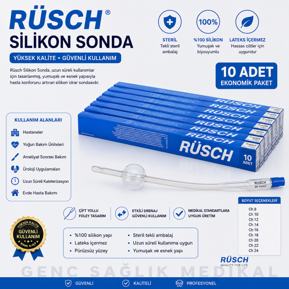 Rüsch Silikon Foley Sonda Steril Çift Yollu İdrar Kateteri 12-14-16-18-20-22-24 FR 10'LU