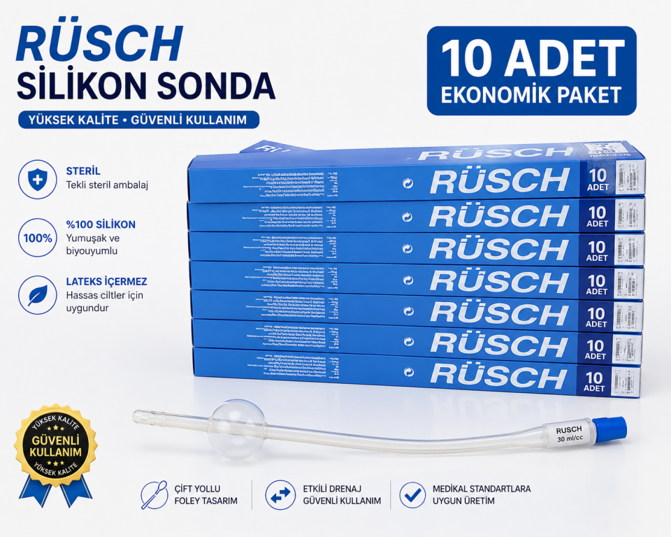 Rüsch Silikon Foley Sonda Steril Çift Yollu İdrar Kateteri 12-14-16-18-20-22-24 FR 10'LU