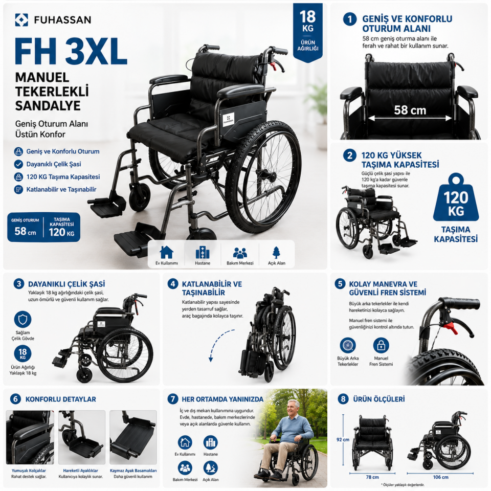 FH 3XL Manuel Tekerlekli Sandalye – FUHASSAN | Geniş Oturumlu, Dayanıklı ve Konforlu