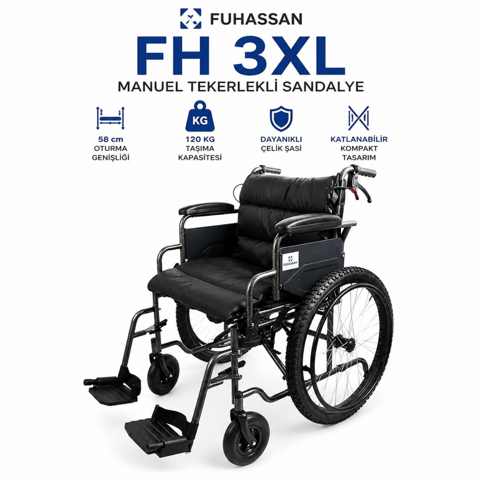 FH 3XL Manuel Tekerlekli Sandalye – FUHASSAN | Geniş Oturumlu, Dayanıklı ve Konforlu