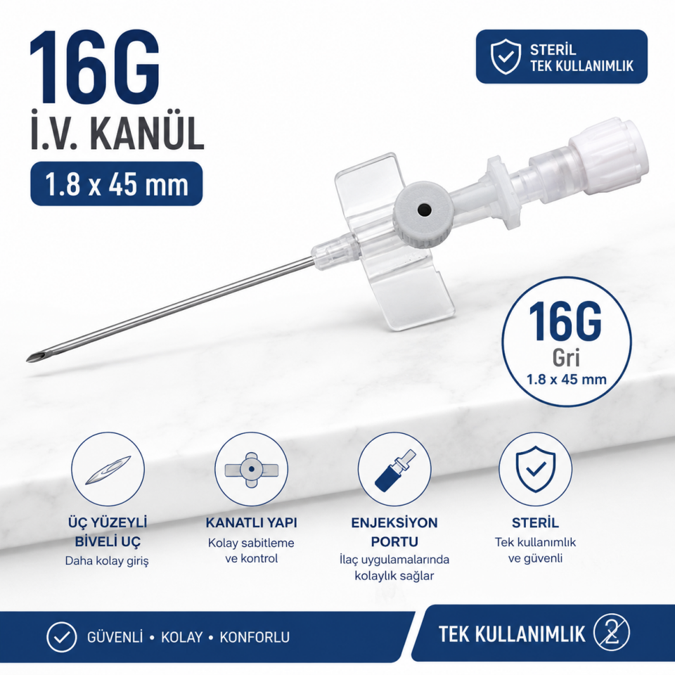 16G Gri  IV Kanül (Branül) – 100 Adet