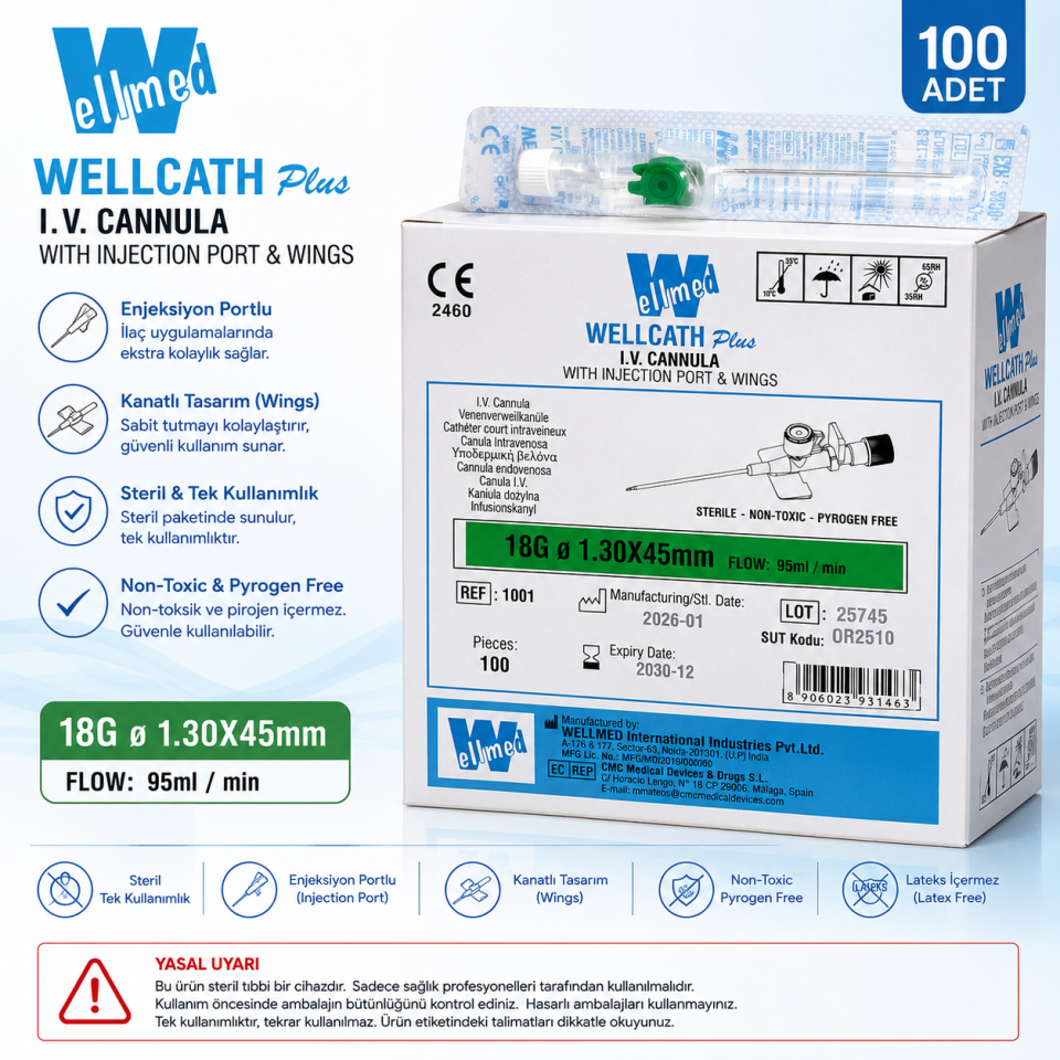 Plus I.V. Cannula 18G 1.30×45 mm Wellmed Wellcath