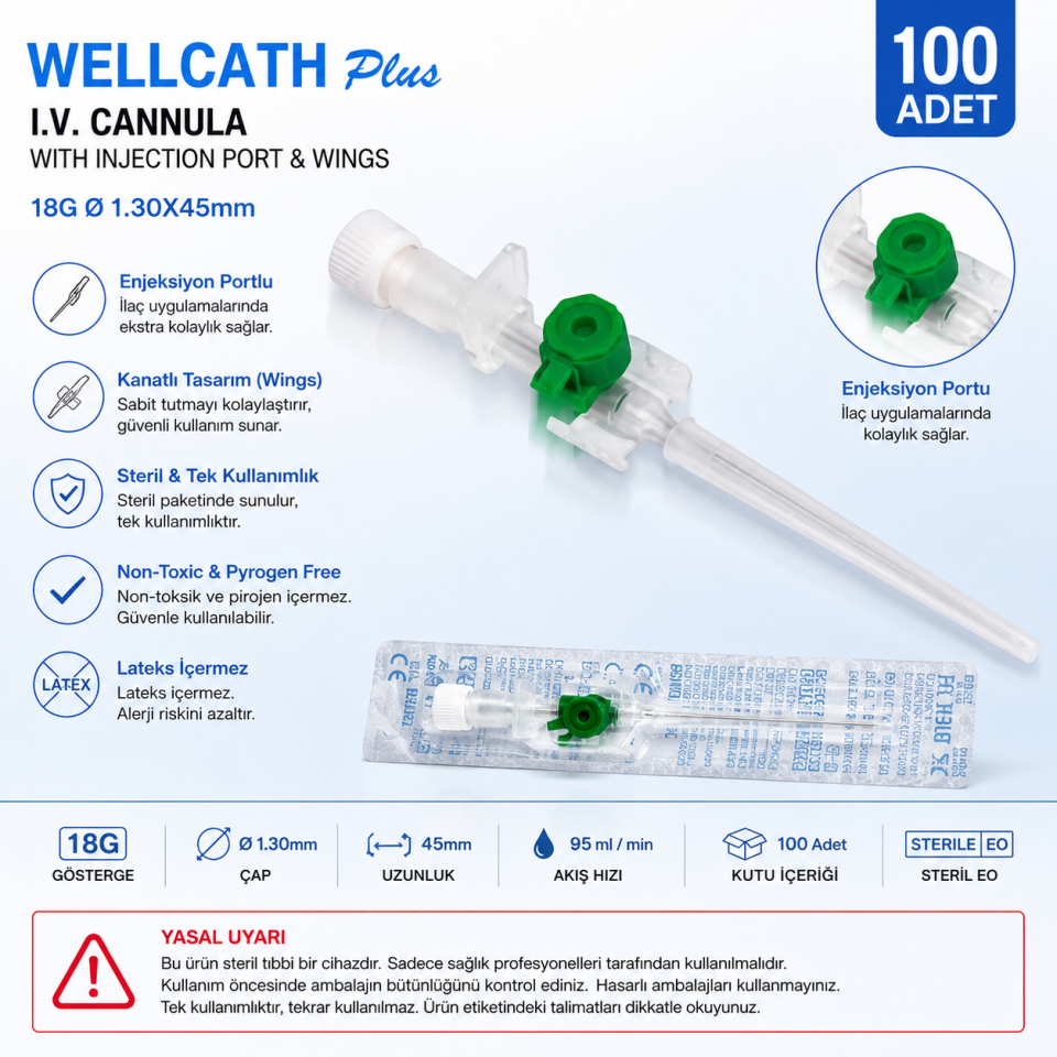 Plus I.V. Cannula 18G 1.30×45 mm Wellmed Wellcath