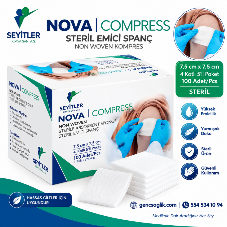 Nova Compress Steril Emici Spanç 7,5x7,5 cm 4 Kat 100'lü