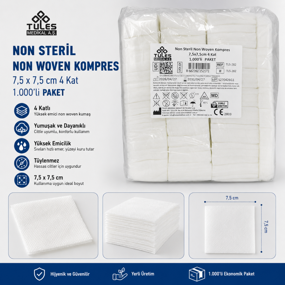 Tules Non Steril Non Woven Kompres 7,5x7,5 cm 4 Kat 2000'li Paket