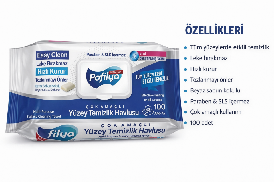 POFİLYA YÜZEY TEMİZLİK MENDİLİ BEYAZ SABUN KOKULU
