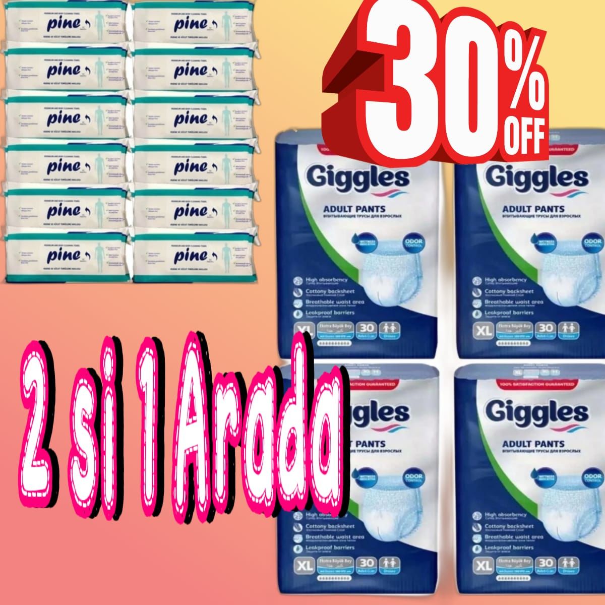 Giggles Emici Külot Hasta Bezi XL 120 Adet+PİNE 1 Koli Perina Havlusu 12 Lİ