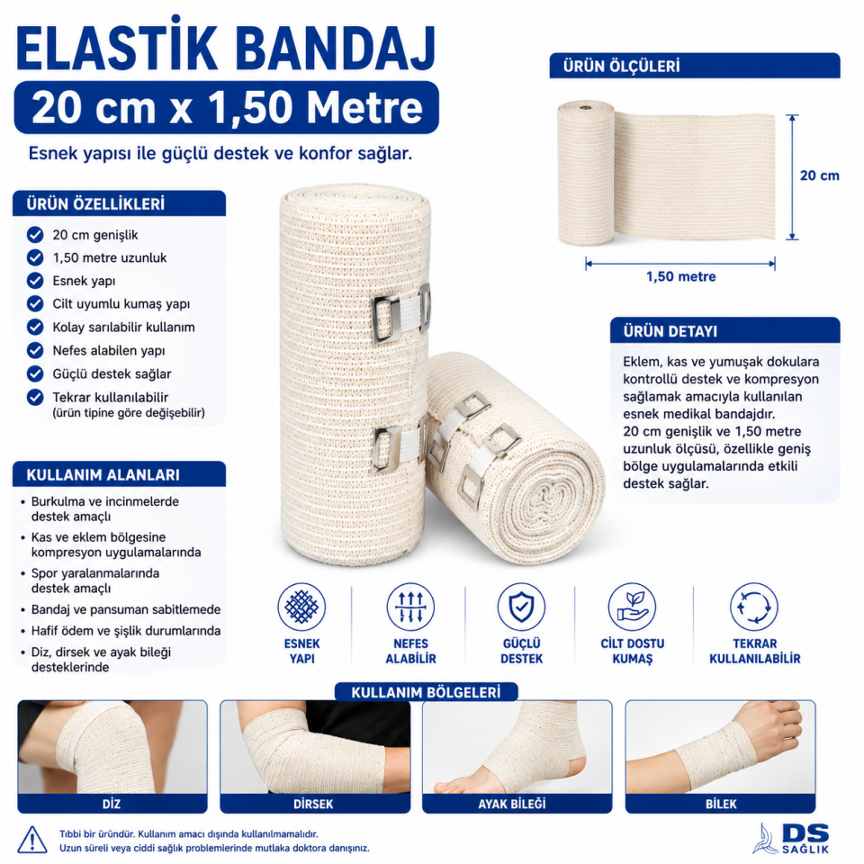 Elastik Bandaj 20 cm x 150 cm Esnek Sargı Bezi