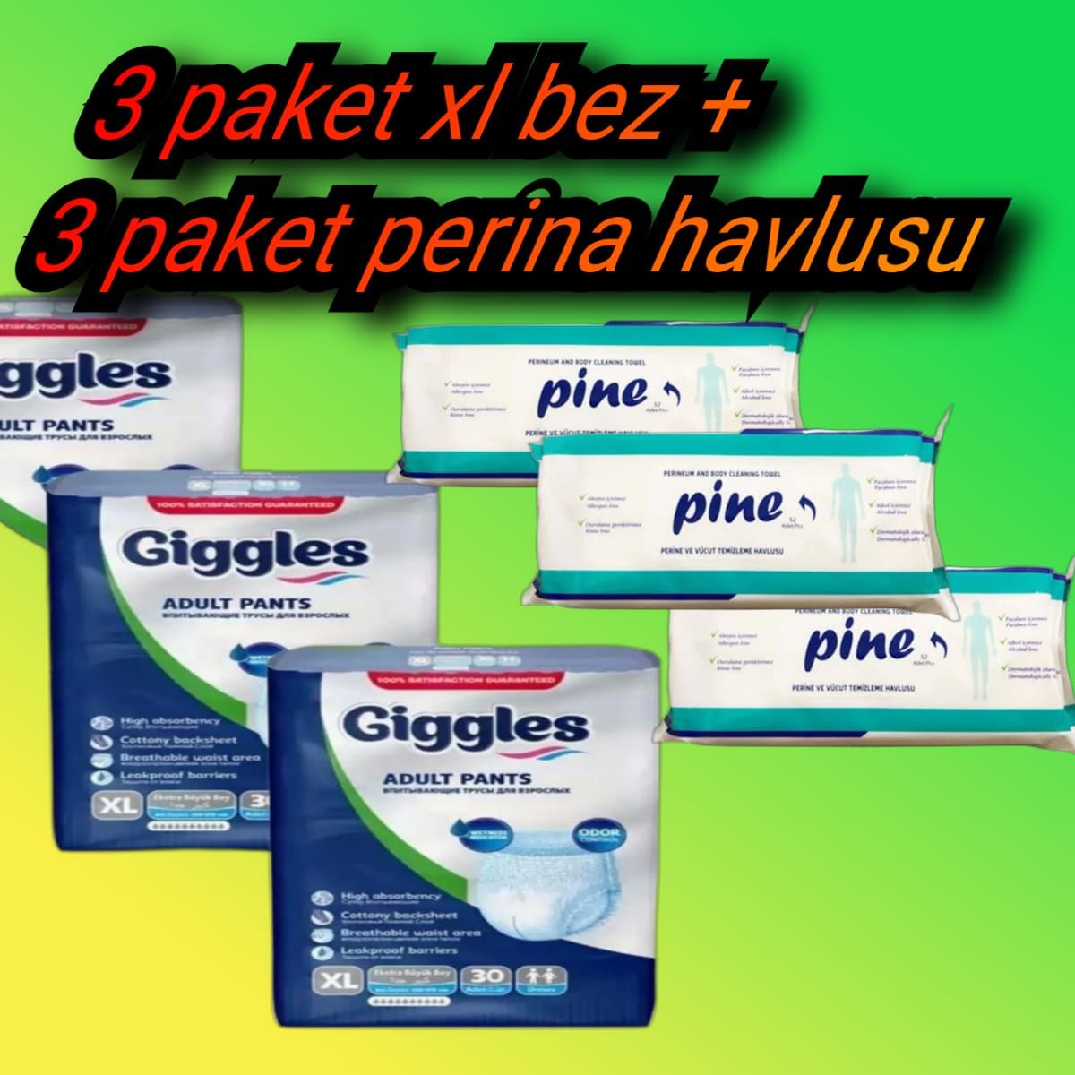 Giggles Külotlu Yetişkin Hasta  Büyük Boy XL Beden 90 adet +3 Paket perina havlusu