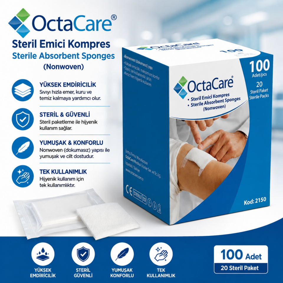 Octacare Nonwoven Steril Emici Kompres 7,5 × 7,5 cm