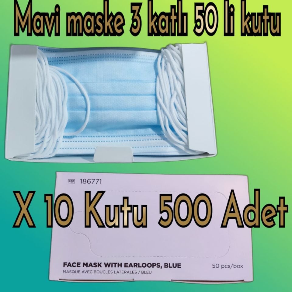 MASKE MAVİ meltbown filitreli 3 katlı 50' li kutu (10 paket)