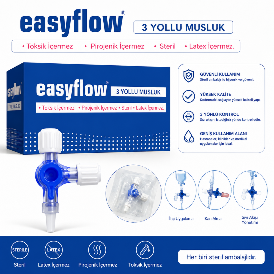 Üçyollu Musluk Mavi 3-Way Stopcock Steril Tek Kullanımlık EASYFLOW