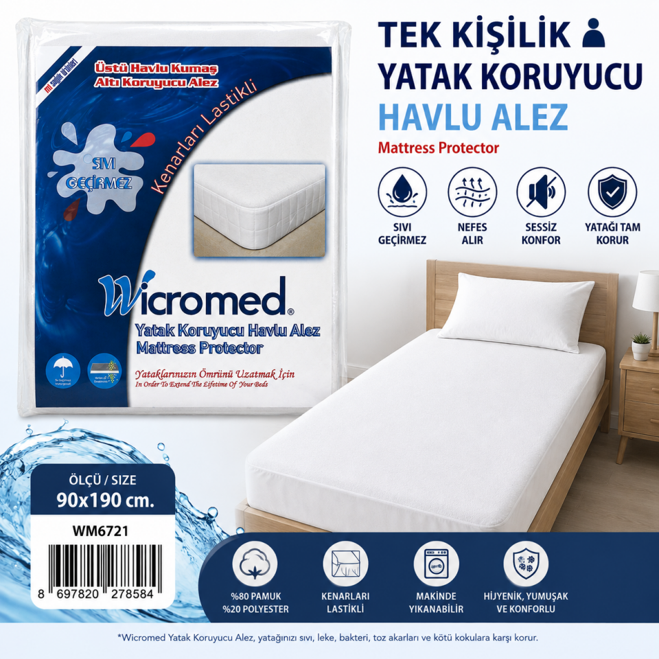 Tek Kişilik Yatak Koruyucu Havlu Alez 90x190 cm Wicromed