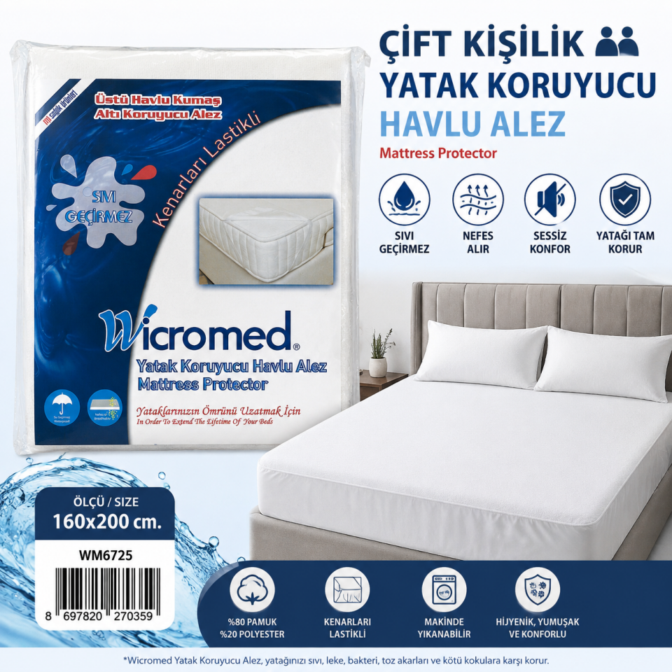Çift Kişilik Yatak Koruyucu Havlu Alez 160x200 cm Wicromed
