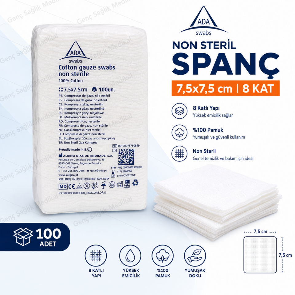 Non Steril Spanç 7,5x7,5 cm 8 Kat 100 Adet %100 Pamuk ADA