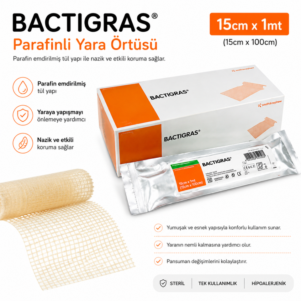 Bactigras 15cmx1m Antiseptik Parafinli Yara Örtüsü – Klorheksidinli Tül Sargı Bezi
