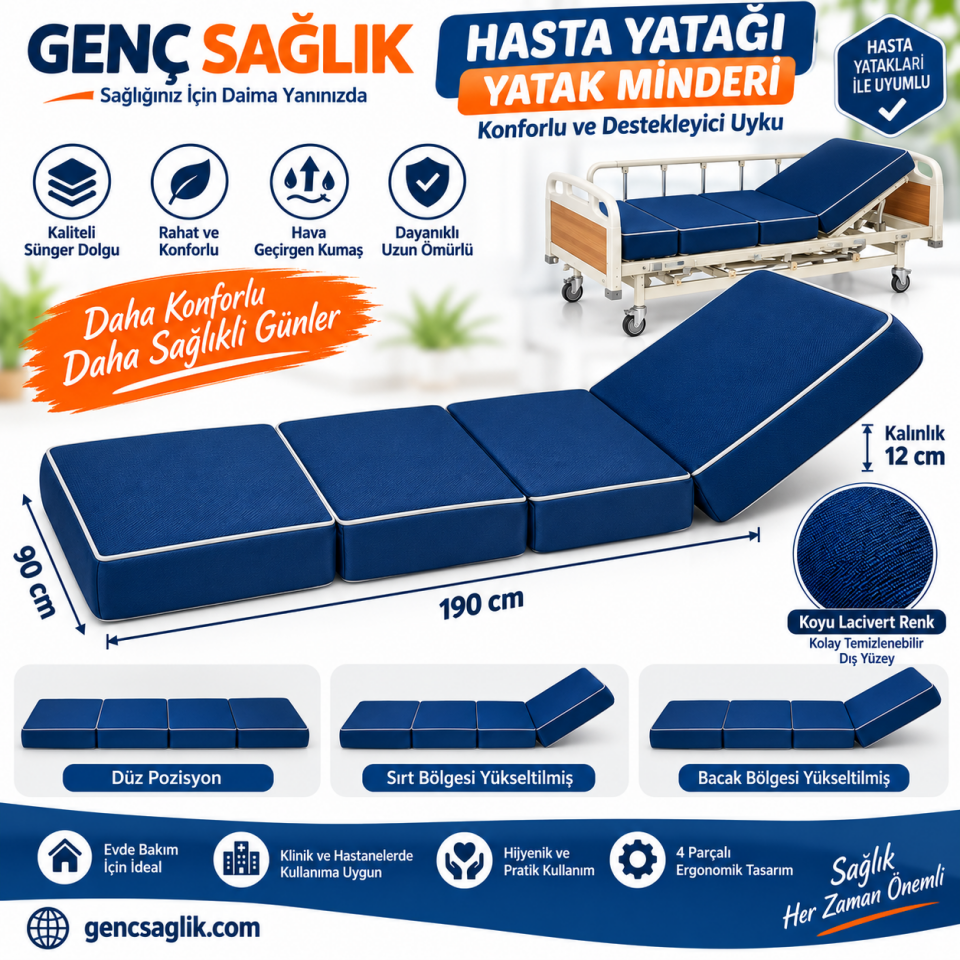 Koyu Lacivert Hasta Yatağı Minderi 90x190 cm – 12 cm Kalınlık – 4 Parçalı