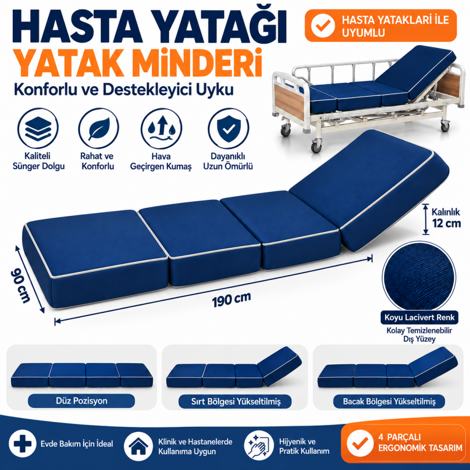 Koyu Lacivert Hasta Yatağı Minderi 90x190 cm – 12 cm Kalınlık – 4 Parçalı