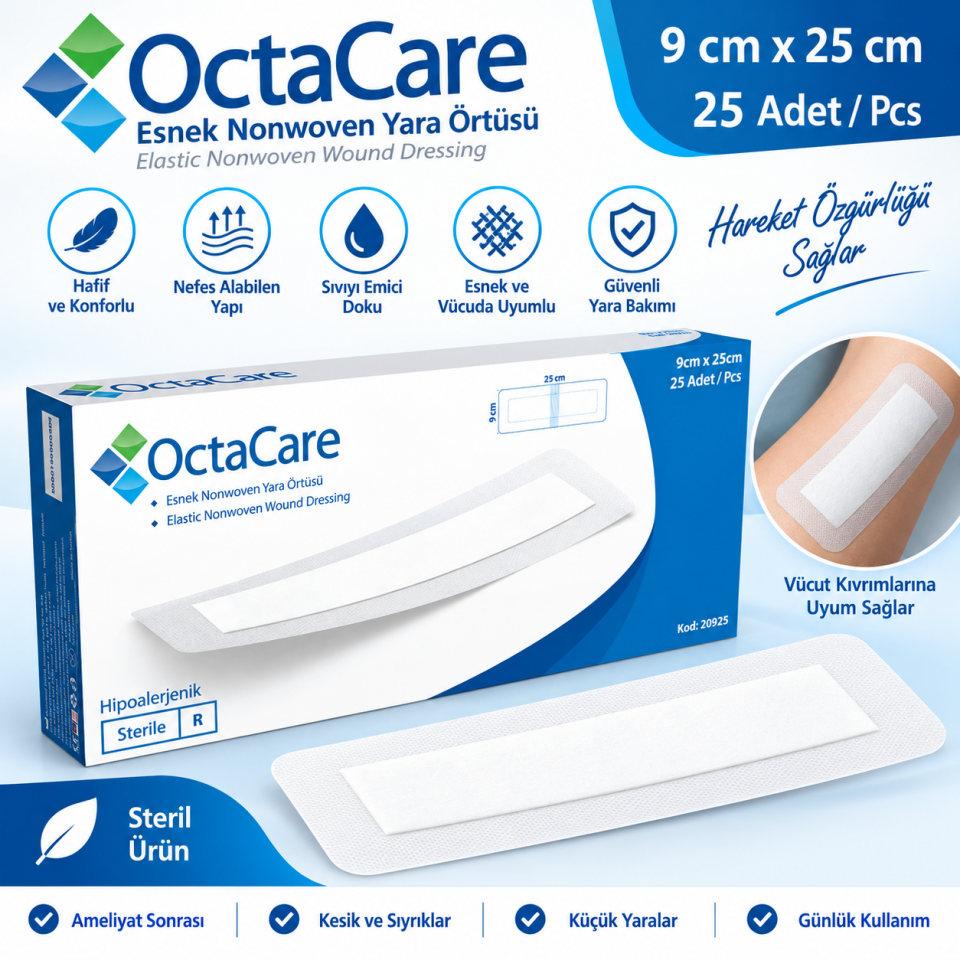 Octacare Esnek Nonwoven Yara Örtüsü 9cmx25 cm 25'li
