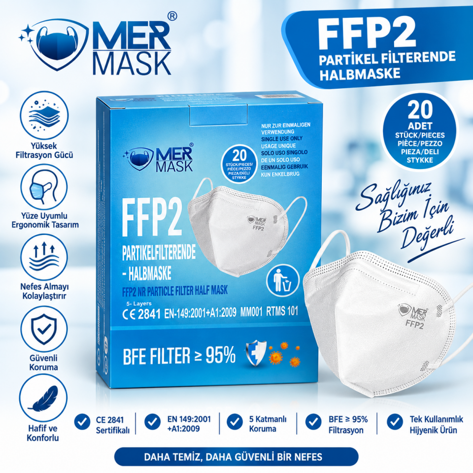 FFP2 Maske 20 Adet | FFP2 NR Partikül Filtreli Yarım Maske MERMASK