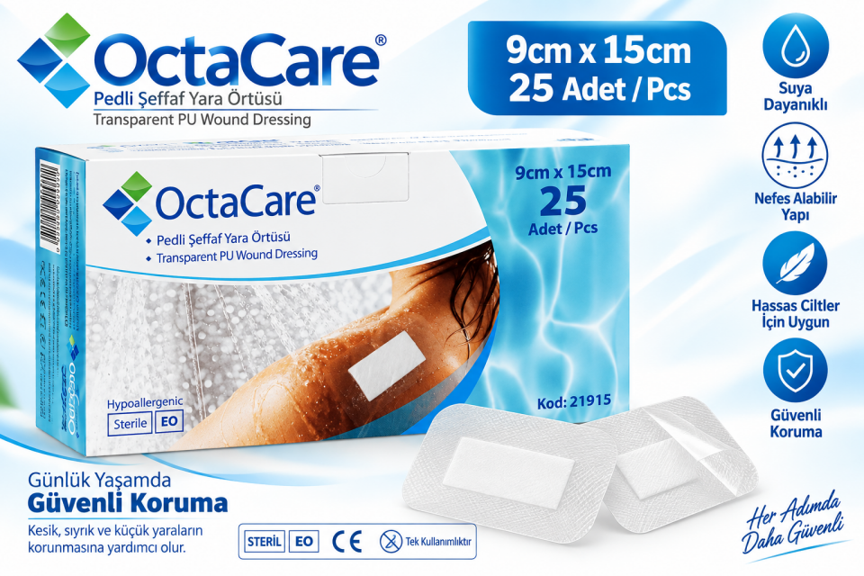 Octacare Pedli Şeffaf PU Film Yara Örtüsü 9cmx15cm 25'li