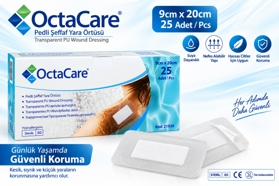 Octacare Pedli Şeffaf PU Film Yara Örtüsü 9cmx20cm 25'li