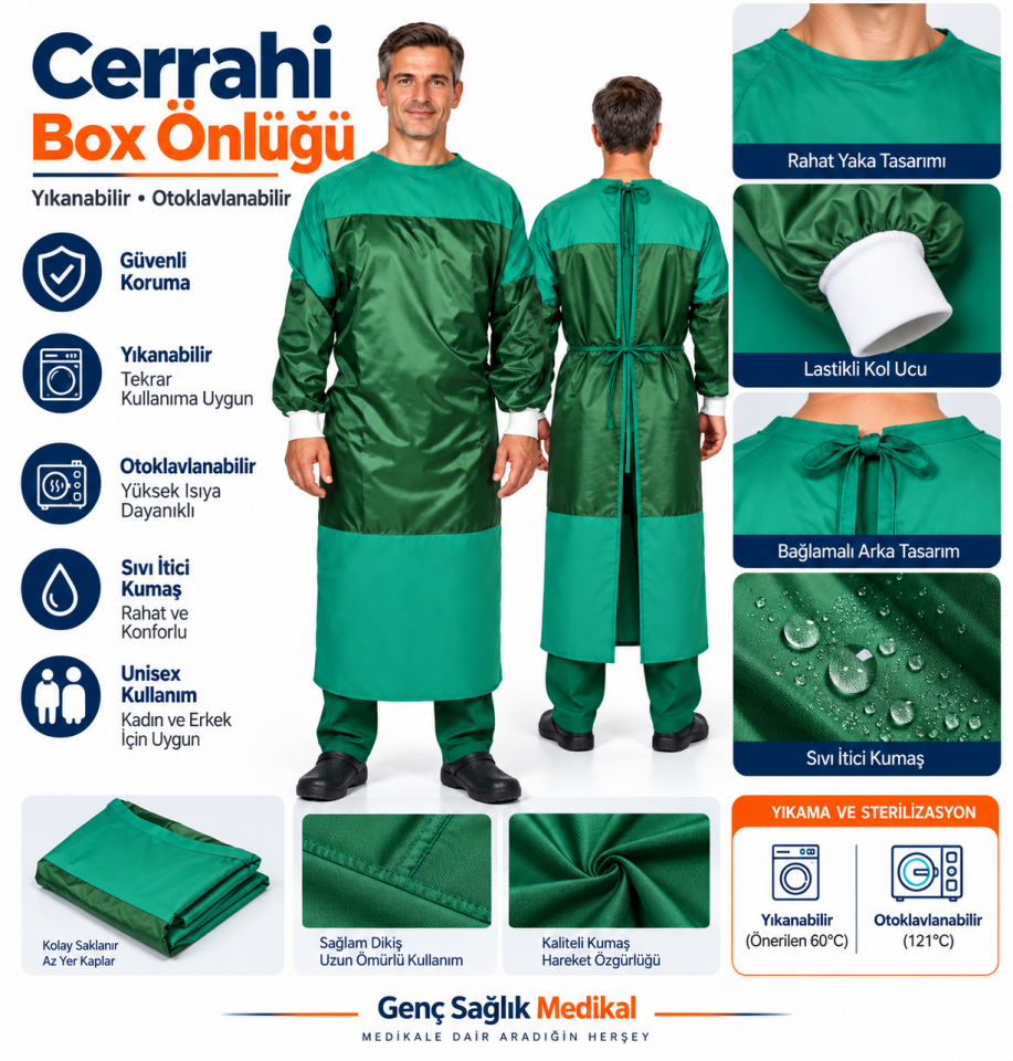 Cerrahi Box Önlüğü Yıkanabilir Otoklavlanabilir Yeşil