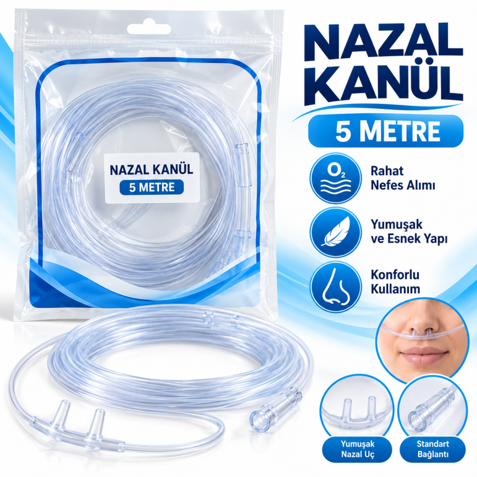 Nazal Kanül 5 Metre – Oksijen Burun Kanülü Şeffaf Uzun Hortum