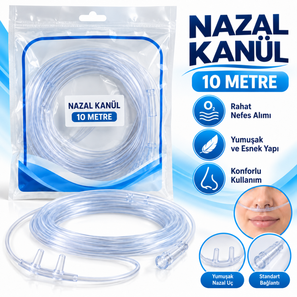 Nazal Kanül 10 Metre – Oksijen Burun Kanülü Şeffaf Uzun Hortum