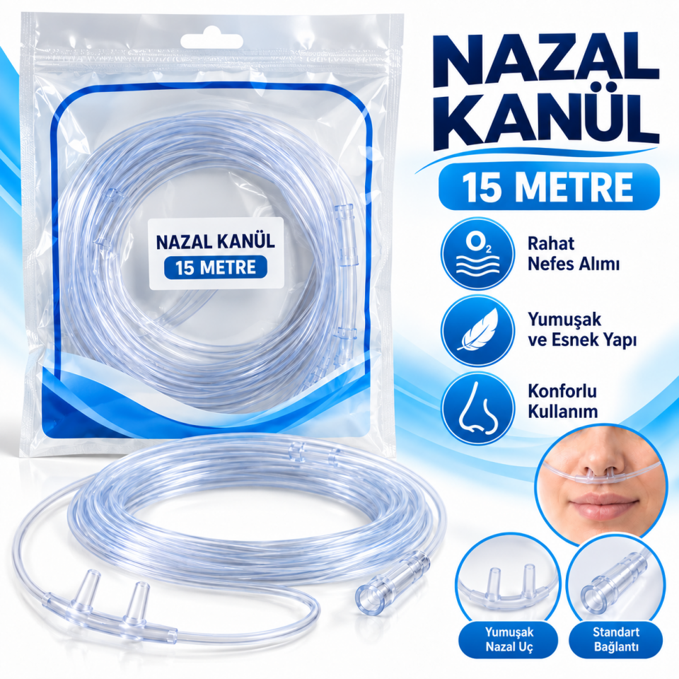 Nazal Kanül 15 Metre – Oksijen Burun Kanülü Şeffaf Uzun Hortum