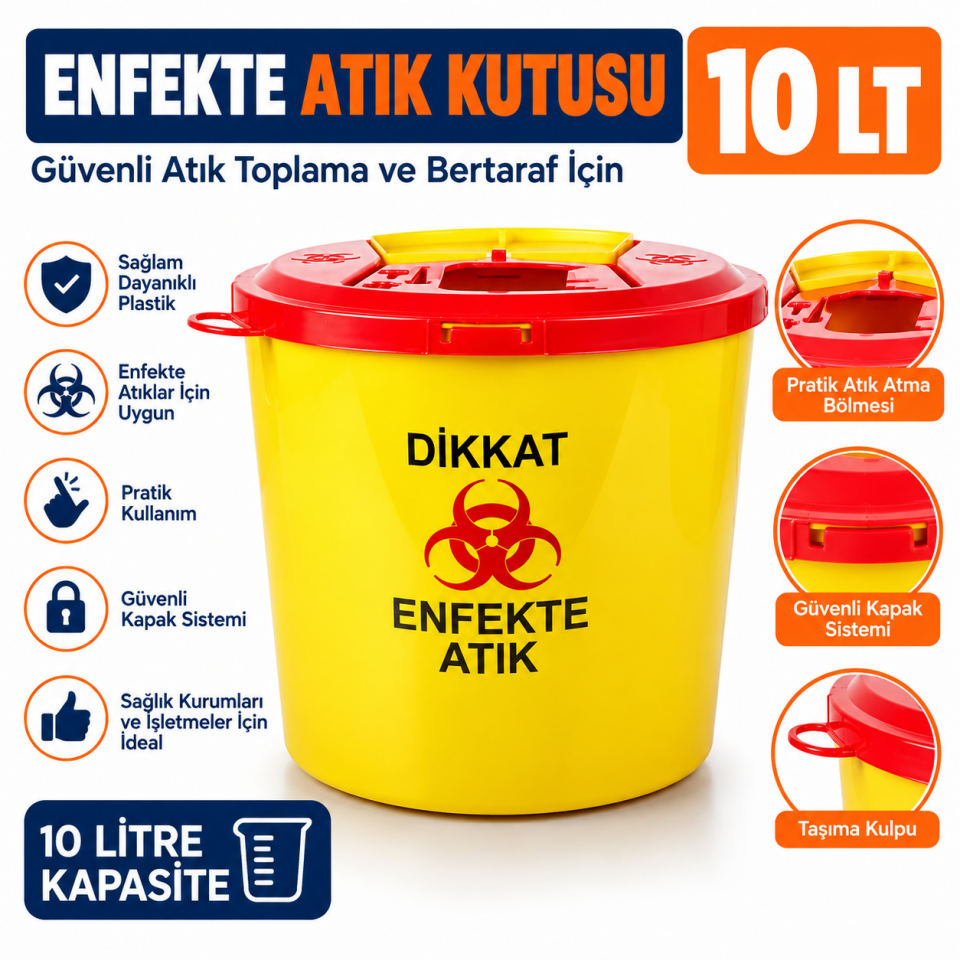 10 Litre Enfekte Atık Kutusu | Kırmızı Kapaklı Atık Kutusu