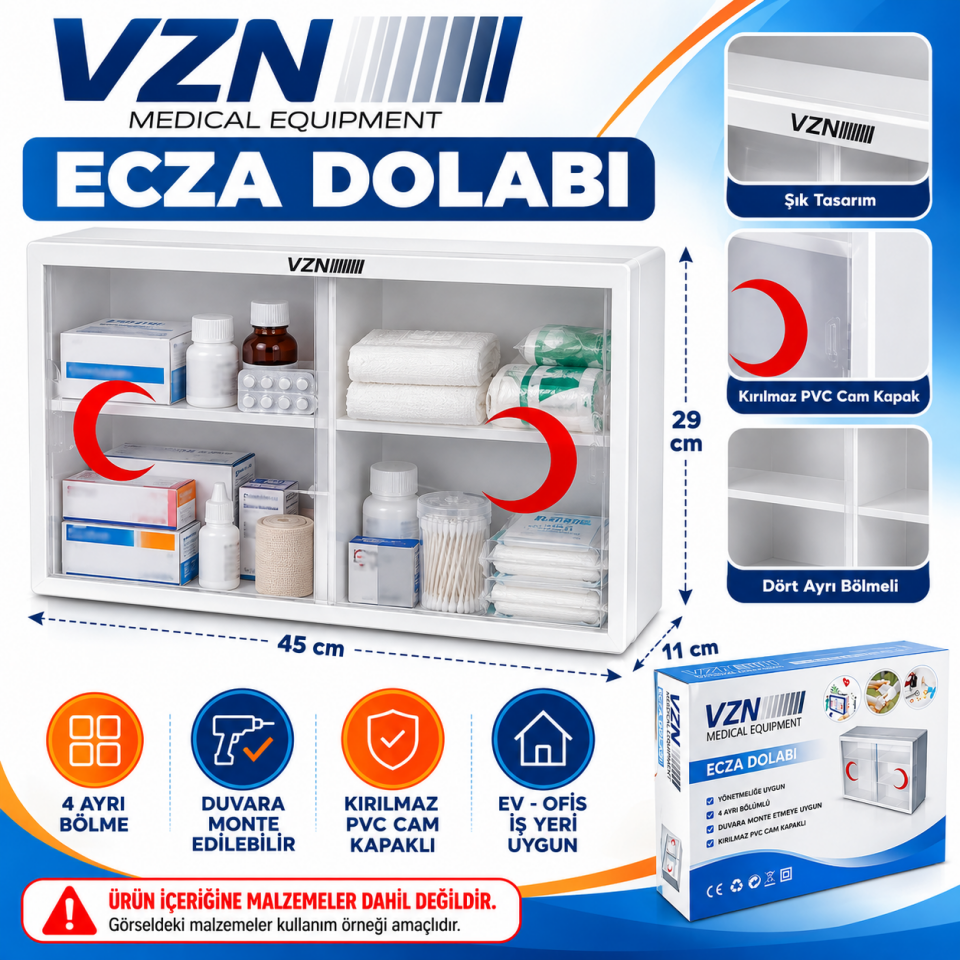 VZN Ecza Dolabı 4 Bölmeli Duvara Monte PVC Cam Kapaklı