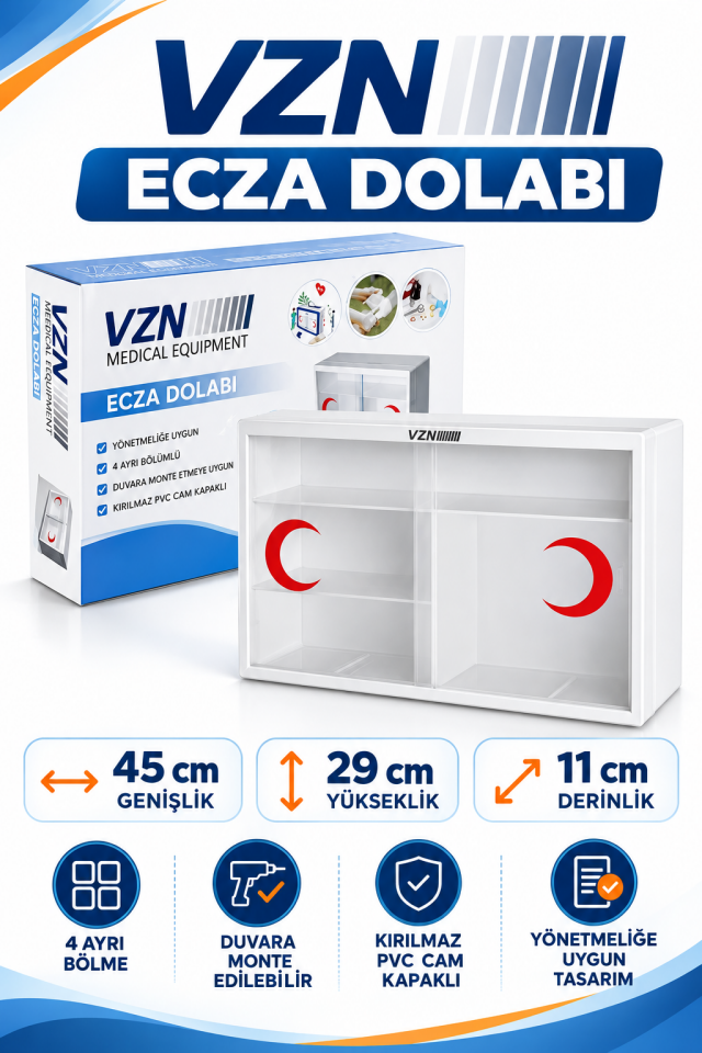 VZN Ecza Dolabı 4 Bölmeli Duvara Monte PVC Cam Kapaklı