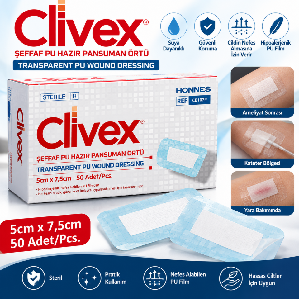 Şeffaf PU Hazır Yara Örtüsü 5x7,5 cm 10 Adet Steril CLİVEX