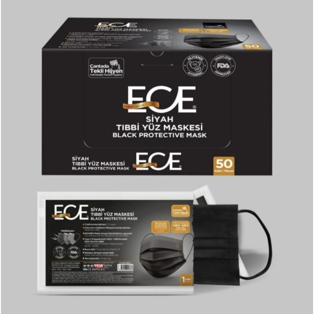 Steril Meltblownlu Siyah Maske 50'li (ECE tekli paket)