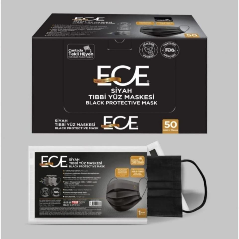 Steril Meltblownlu Siyah Maske 50'li (ECE tekli paket)