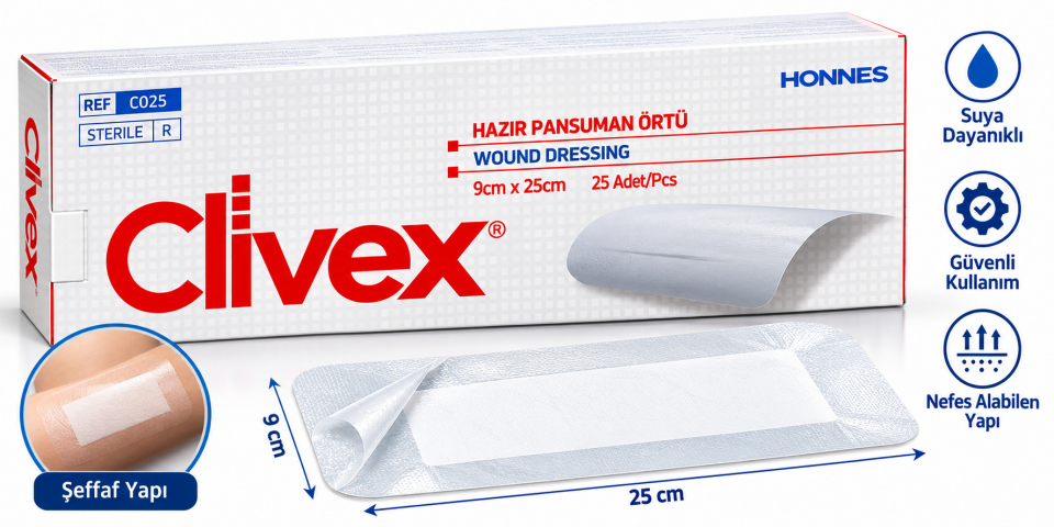 Şeffaf PU Hazır Yara Örtüsü 9x25 cm 25 Adet CLİWEX