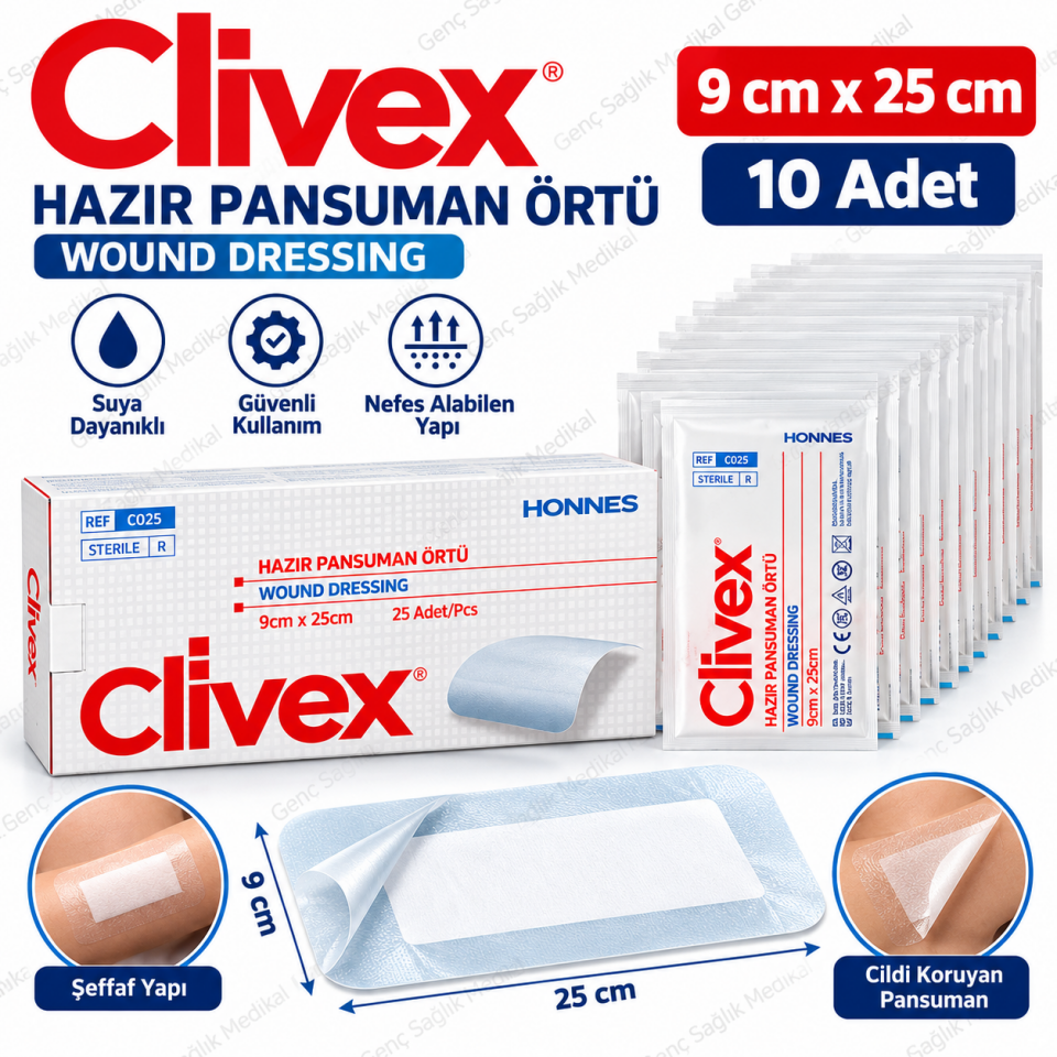 Şeffaf PU Hazır Yara Örtüsü 9x25 cm 10 Adet CLİWEX