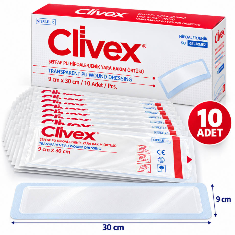 Şeffaf PU Hazır Yara Örtüsü 9x30 cm 10 Adet CLİWEX