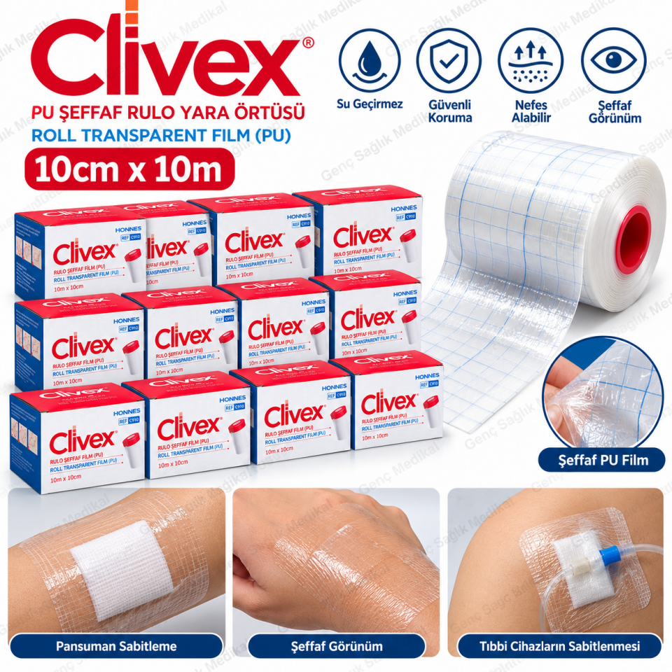 Clivex 10 cm x 10 m PU Şeffaf Rulo Yara Örtüsü – 10 Adet