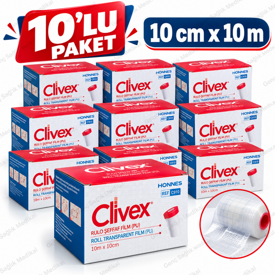 Clivex 10 cm x 10 m PU Şeffaf Rulo Yara Örtüsü – 10 Adet