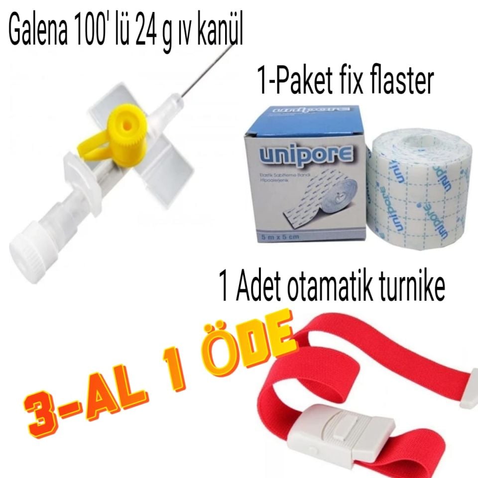 Sarı Kanül 24g(Anjıkot), Flaster ve Turnike 3'Paket