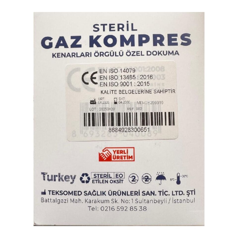 Steril Gaz Kompres 7,5x7,5 4 Kat Kutulu Teksomed