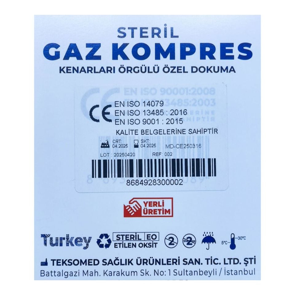 Steril Gaz Kompres 7,5x7,5 4 Kat Kutulu Teksomed