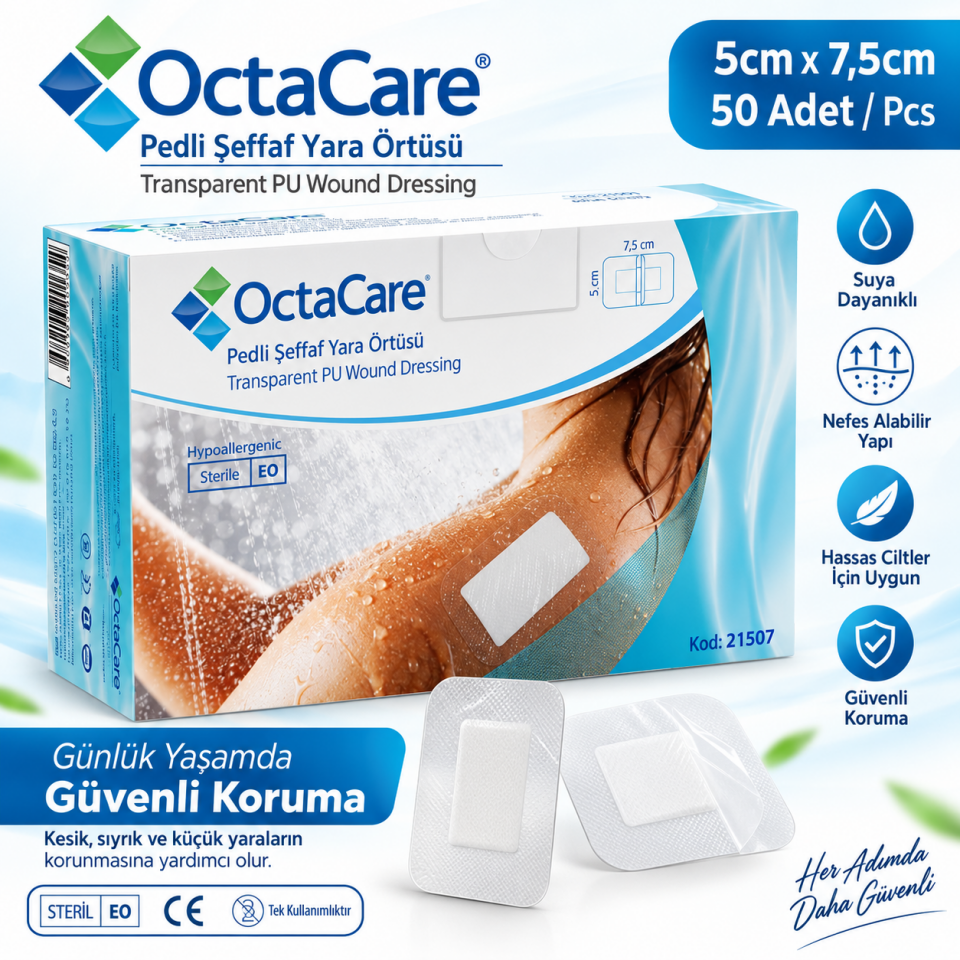 Octacare Pedli Şeffaf PU Film Yara Örtüsü 5cmx7,5cm 50'li