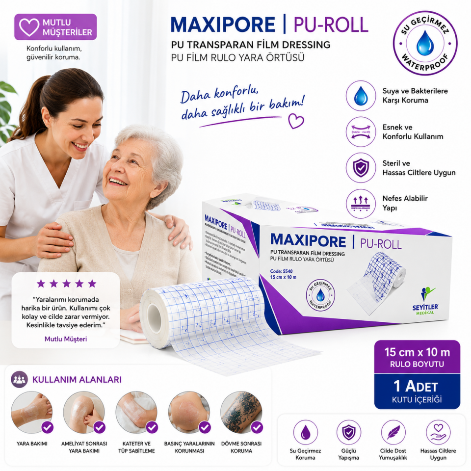 MAXIPORE Pu Film Rulo Şeffaf Yara Örtüsü 15 cm x 10 mt